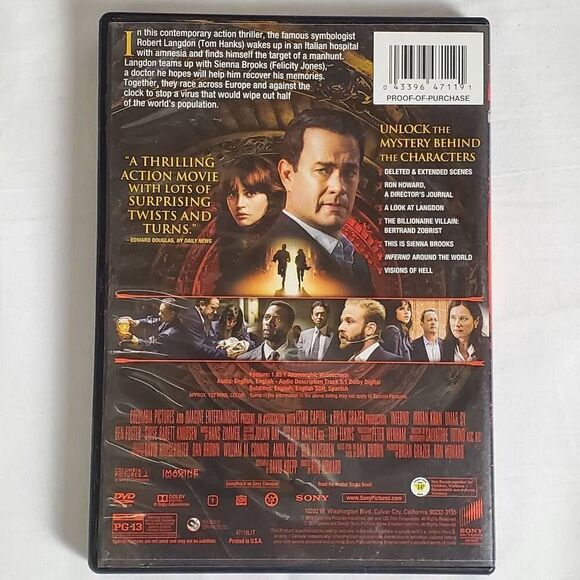 Inferno (DVD) Tom Hanks Felicity Jones Da Vinci Code Sequel - Picture 3 of 3